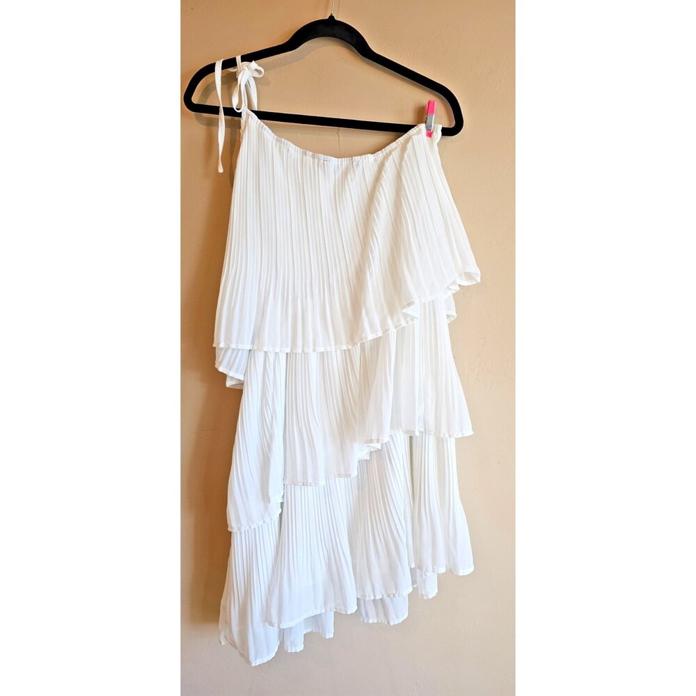 ZESSICA Dress White One Shoulder Tiered Pleated Size XL Romantic Boho